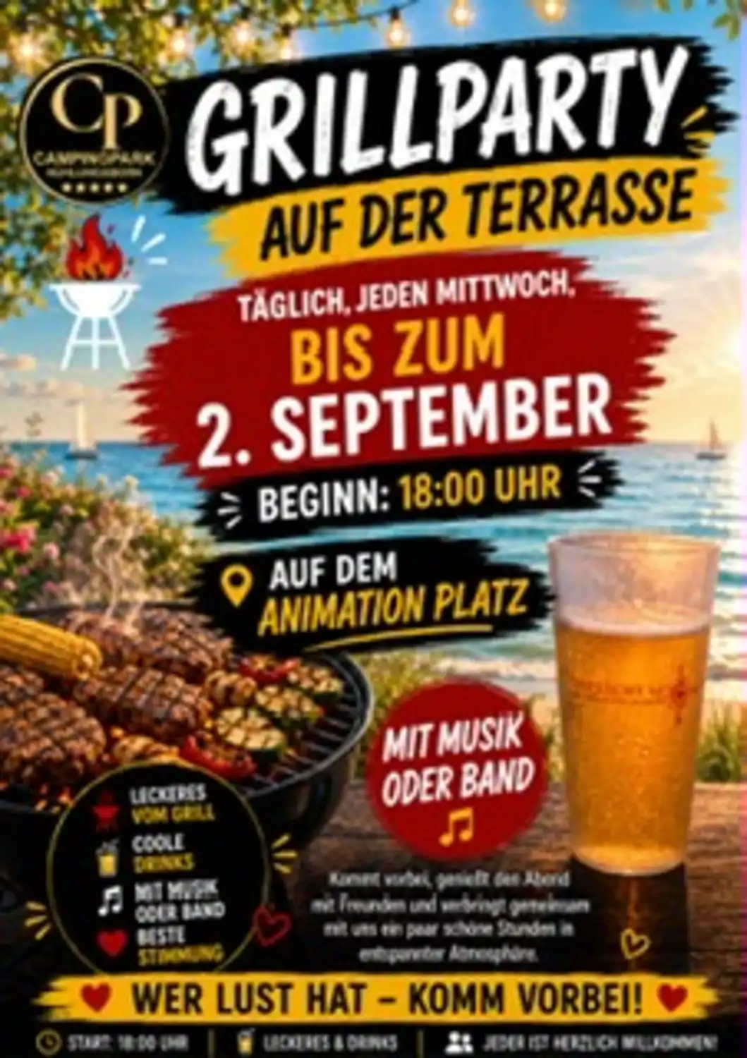 Grillparty auf der Terrasse! Jeden Mittwoch bis zum 2. September ab 18:00 Uhr erwarten euch leckeres vom Grill, kühle Drinks und Musik oder eine Live-Band. Kommt vorbei, genießt den Abend und verbringt eine schöne Zeit bei bester Stimmung!